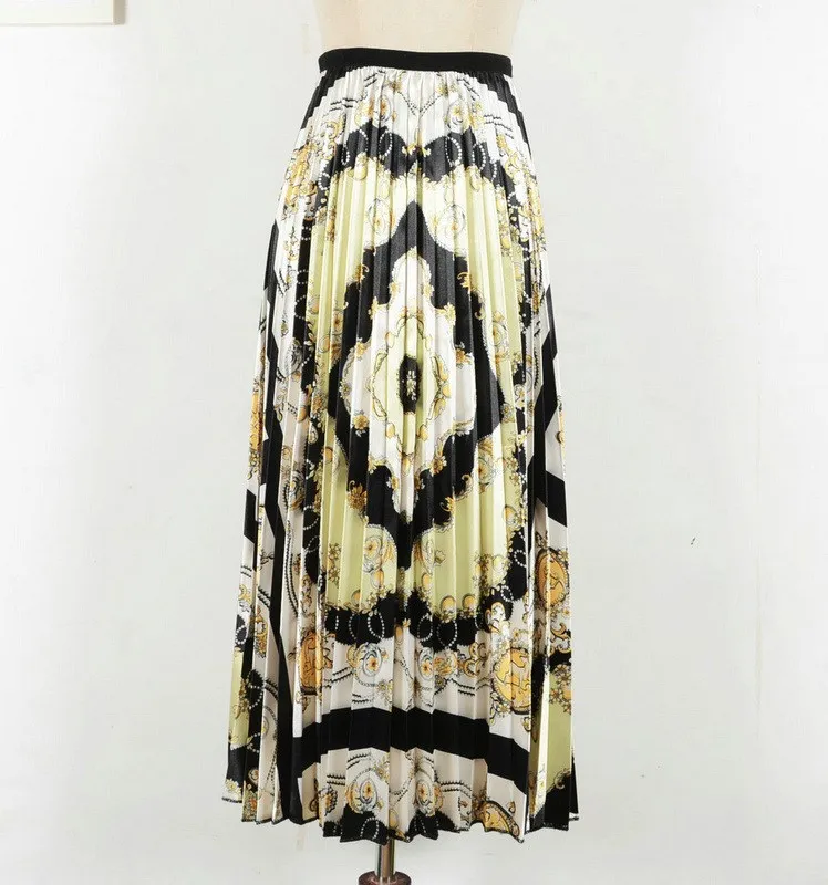 2022 Summer Women Fashion Vintage Tulle Pleated Skirt Geometric Print Long Skirt Harajuku High Waist A-Line Skirt