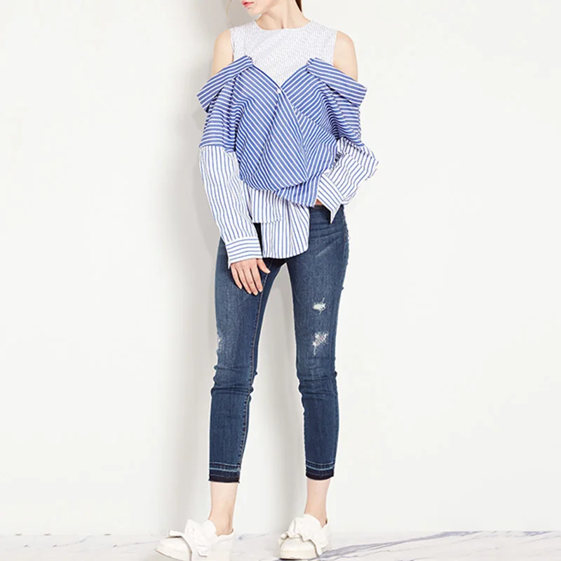 TVVOVVIN مخطط قميص ل بلوزات غير مغطية للكتف طويلة الأكمام خليط غير النظامية بلوزة مثير الصيف 2019 الكورية قمم الملابس L244