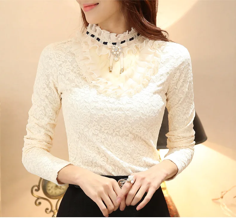 

Women New Long sleeved Plus Cashmere Thick Lace Bottoming Shirt Korean Women's Tops Lace Pullover Blouse