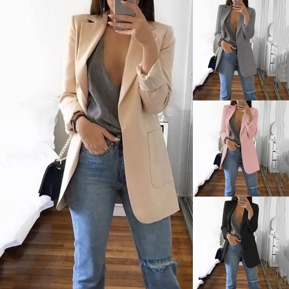 Women Casual Blazers Slim Solid Suit Coats Spring Business Top Jacket Outwear Ladies Fashion Formal OL Pockets Black Pink Coats