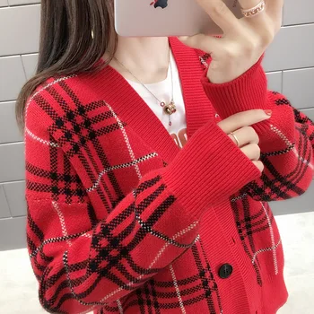 

Women pink blue houndstooth v neck single breasted button knitted loose sweater cardigans Red Beige