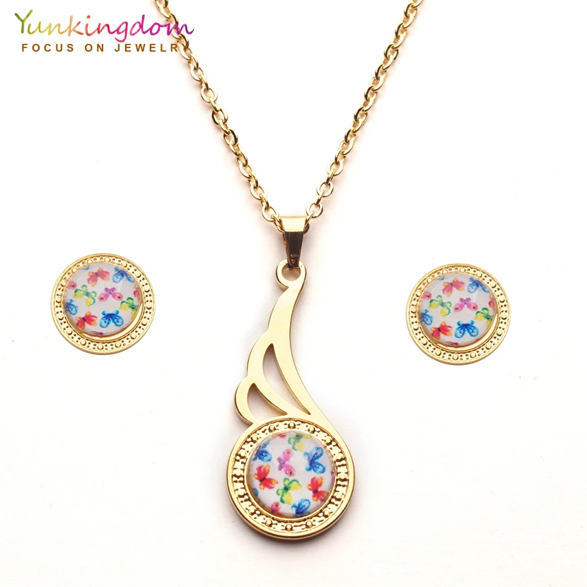 

Yunkingdom good quality stainless steel pendant necklace set earrings for women colorful round dubai jewelry sets UE0279