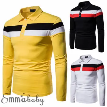 

2019 NEW Fashion Men's Shirts Slim Fit Shirts Long Sleeve Casual Golf V-Neck Patchwork Daily Jersey Tops Tee