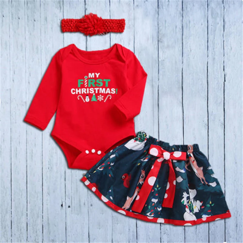 

Newborn Baby Girl Xmas Clothes Outfits My First Christmas Romper Skirts 3PCS Set New Xmas Baby Girl Romper Mini Dress Headband