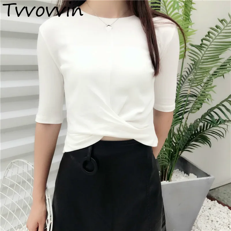 

2019 New Summer Solid Color T Shirt Cotton Round Neck Elastic Personality Bow Loose Casual Fashion Women Female AS496