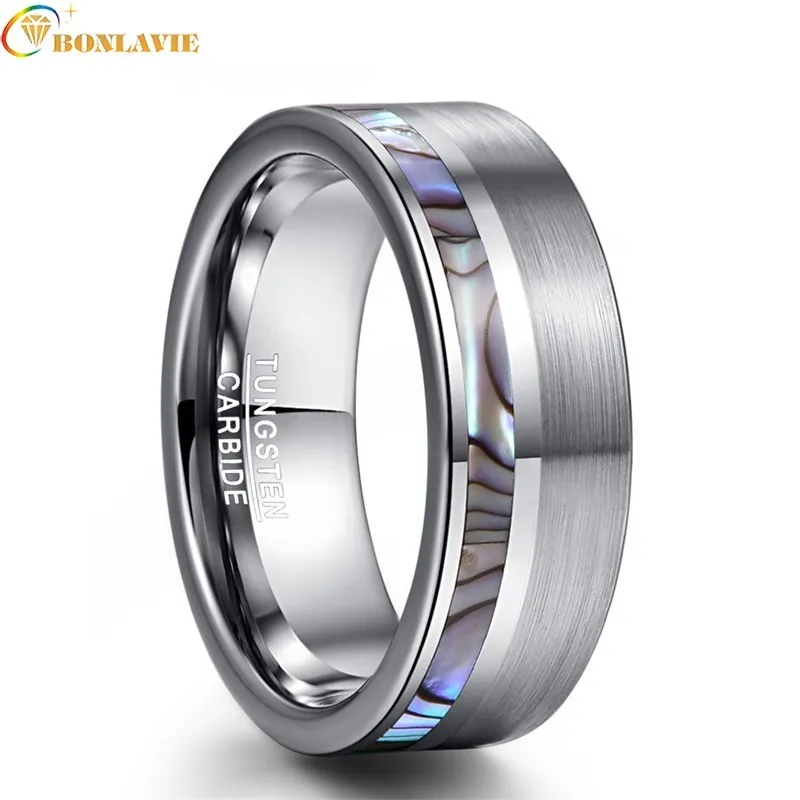

2019 New Arrival Mens Ring 8mm Wide Steel Matte Surface Inlaid Abalone Shell Fashion Tungsten Steel Ring For Male Wedding