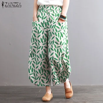 

Harem Pants 2020 ZANZEA Womens Linen Pants Female Print Elastic Waist Long Trousers Plus Size Casual Pantalon Palazzo Femme