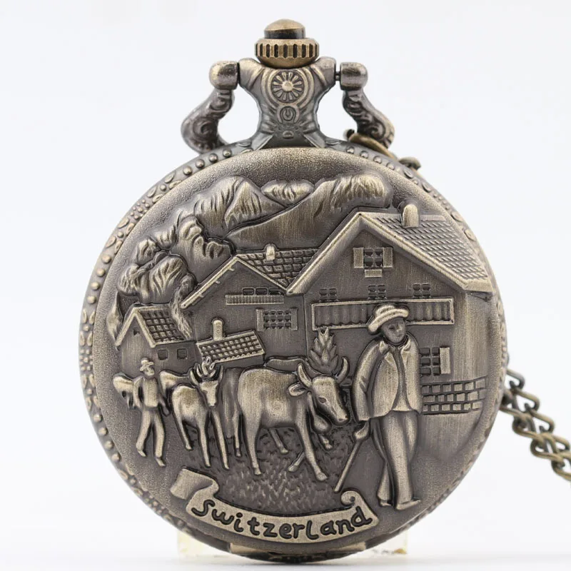 Pocket & Fob Watch Bronze Switzerland Cow Farmer Quartz Pocket Watch