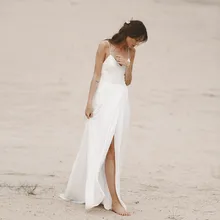 Beach Wedding Dresses Spaghetti Strap Open Back Boho Bridal Dresses 2019 Chiffon High Split Lace Top Wedding Gowns lace yoke split tie back top