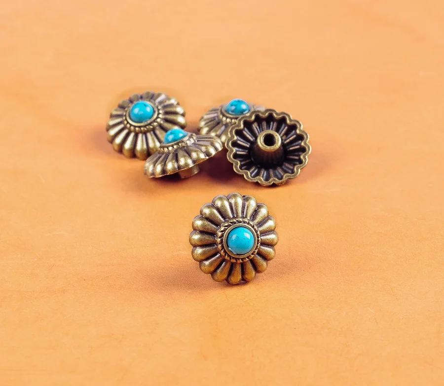 

10PC 16MM FLORAL WESTERN TURQUOISE ANTIQUE BRASS SCREW BACK SADDLE DECOR BUTTONS SCREWBACK
