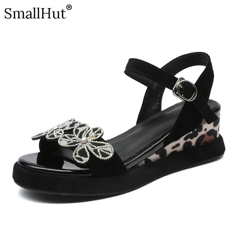 

Women Wedges Platform Sandals Summer Genuine Suede 2019 Ankle Strap Casual Shoes Black Leopard Lady Lace up Flowers Sandal D003