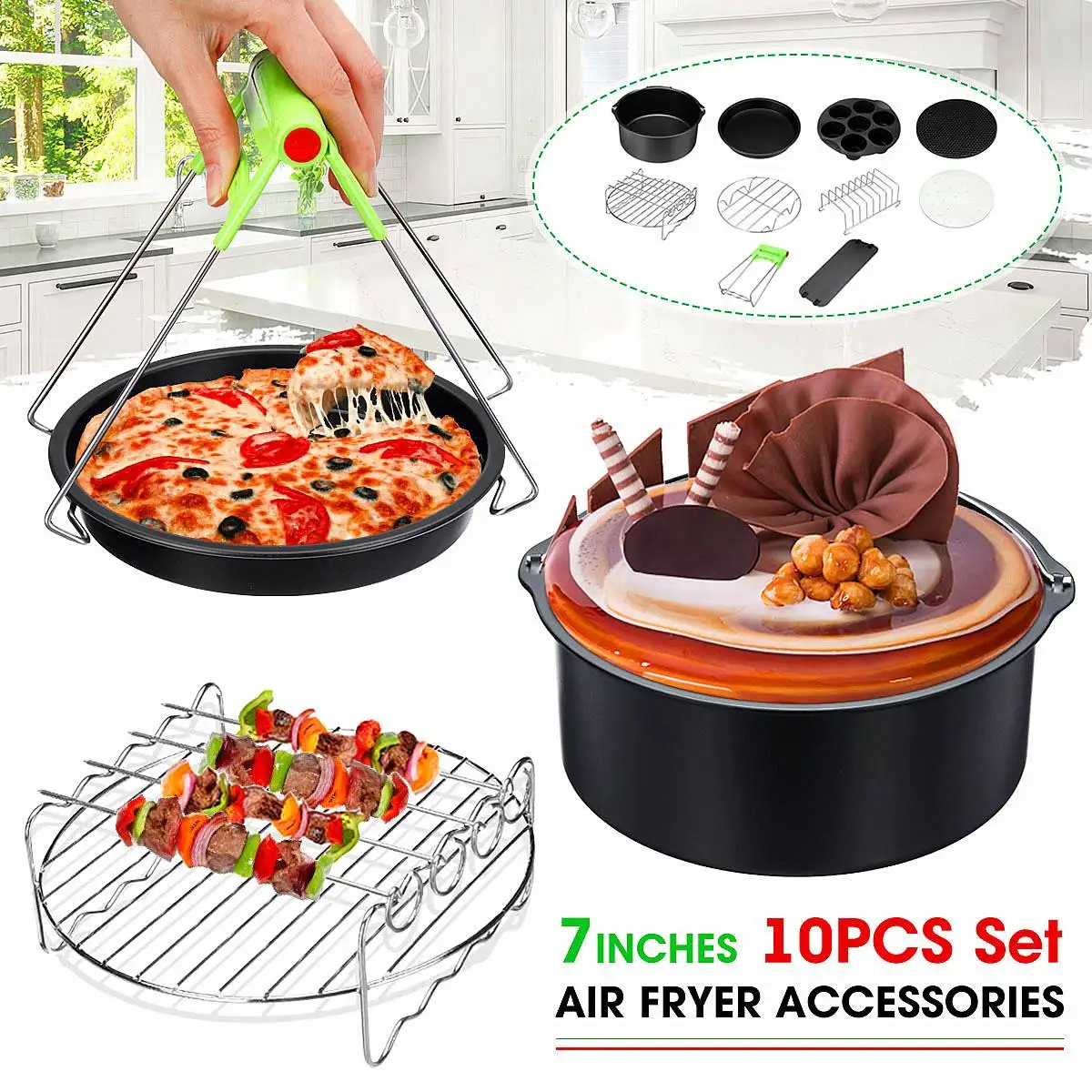 

Fryer Accessories 10Pcs 7 Inch Air Fryer Accessories Set fit for 3.2-6.8QT Baking Cake Pizza Barbecue Kitchen Tools New Arrival