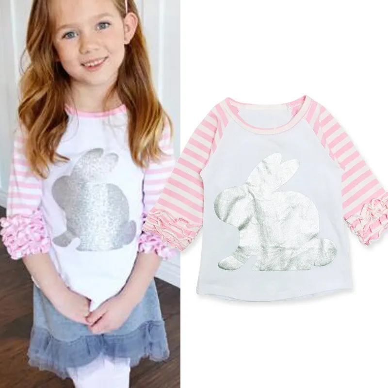 Новое поступление, Милый хлопковый топ в полоску с принтом розового кролика для маленьких девочек, футболка, детская одежда с белыми оборками