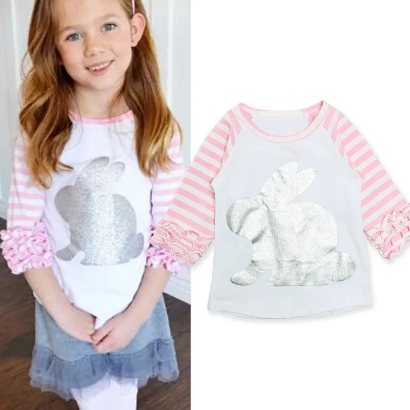 New Arrival Baby Girls Print Pink Bunny Rabbit Cute Striped Cotton Boutique Top T-shirt Children Clothes White Ruffles New Arrival Baby Girls Print Pink Bunny Rabbit Cute Striped Cotton Boutique Top T-shirt Children Clothes White Ruffles