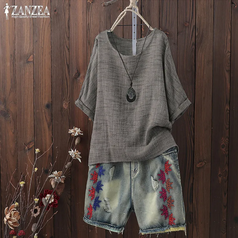 

Plus Size Summer Tunic Tops 2019 ZANZEA Women Blouse Vintage Casual 3/4 Sleeve Shirts Chemise Female O Neck Kaftan Blusas Tees