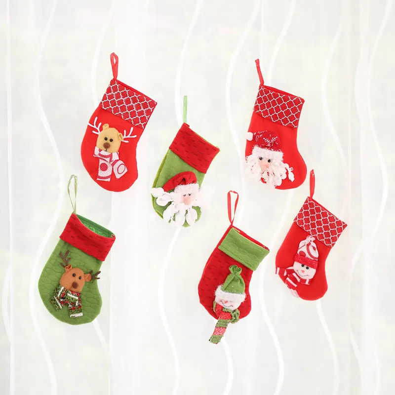 

10 Pcs/Lot Red Green Polyester Santa Claus Snowman Elk Christmas Xmas Socks Stockings Sack Decorations Candy Gift Bags for Home