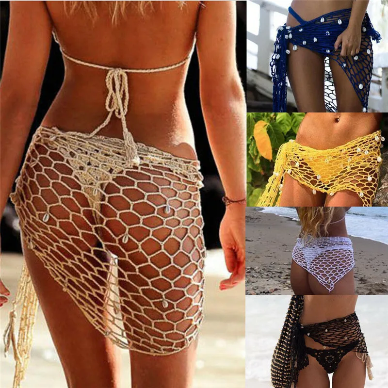 

Women Fishnet Crochet Bikini Cover Up Swimwear Triangle Shell Sarong Wrap Beach Dress Bathing Swimming Suit