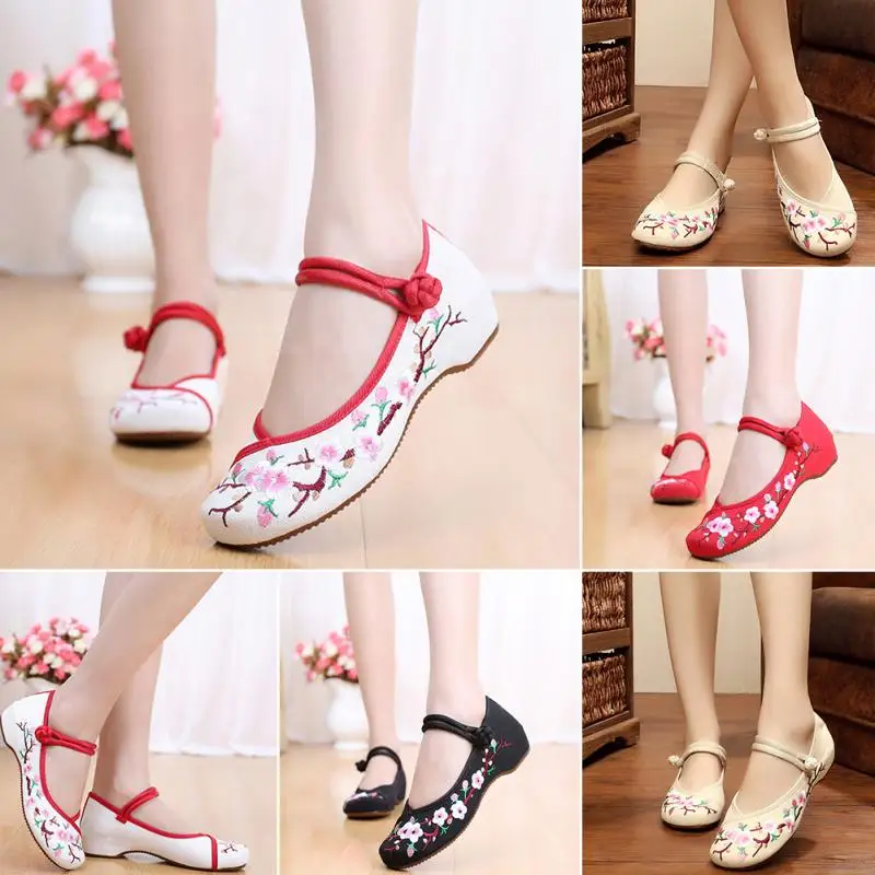 

Vintage Women's Chinese Embroidery Strap Canvas Loafers Flat Causal Shoes Plus Sizes 34-41 White,Red,Black,Beige#