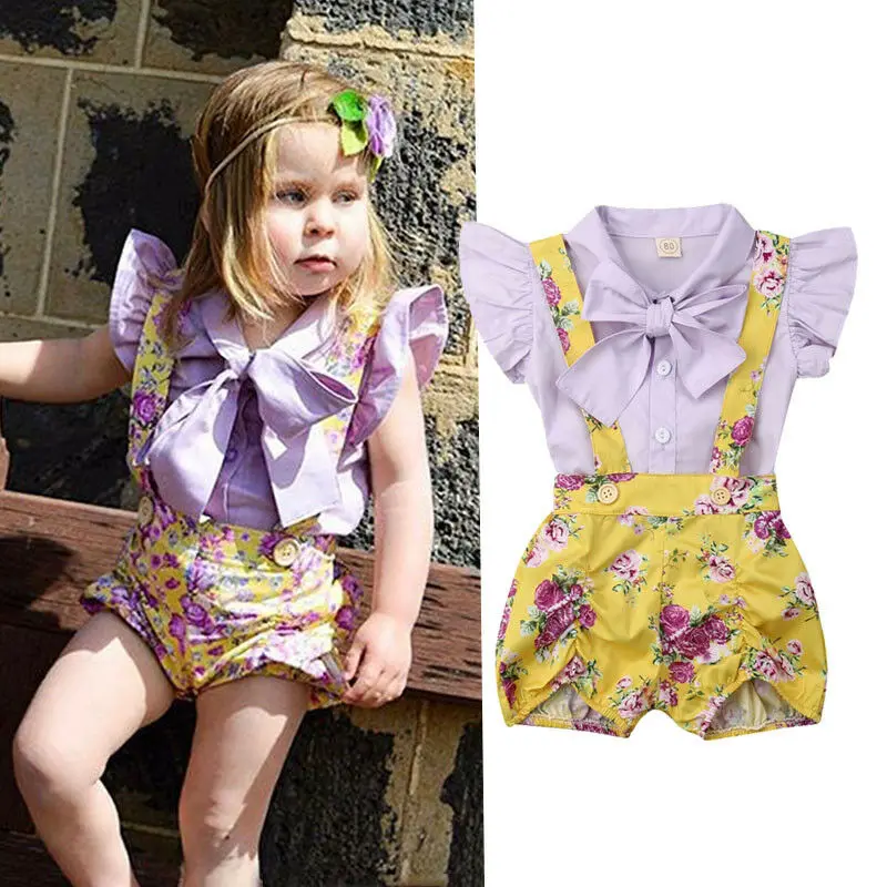 Princess Newborn Kids Baby Girls Clothes Cute Bow Tops T-shirt+Floral Overall Bib Pants 2Pcs Summer Toddler Kids Child Outfits