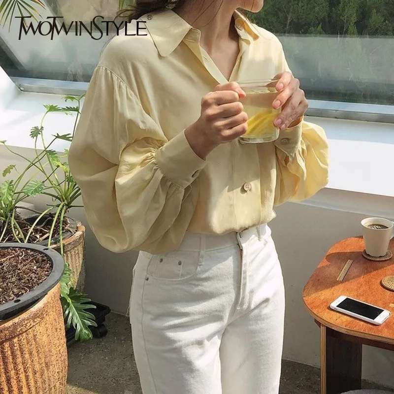 TWOTWINSTYLE Lantern Sleeve Shirts Blouse Women Lapel Collar Long Sleeves Oversized Top Female Spring 2019 Korean Fashion |