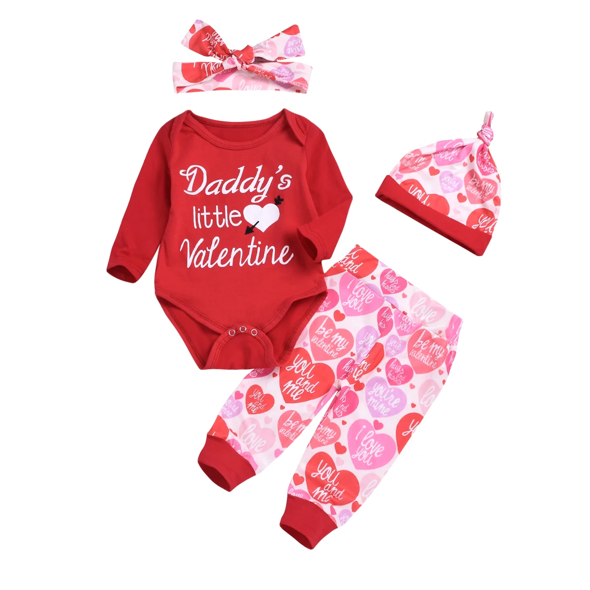 Valentine's Day Baby Boy Girl Cotton Clothes Red Bodysuits Tops+Long Printed Pants Hats Headbands Babies Casual Outfit Set 4pcs | Детская