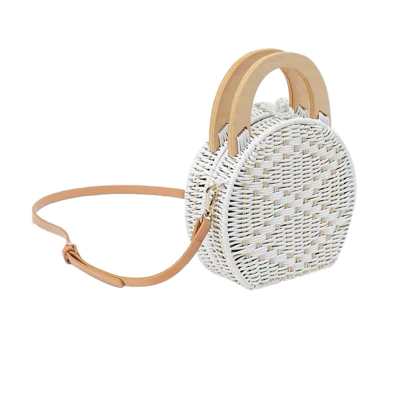 

Woman Fashion Wooden Handle Rattan Knit Bag White Straw Bag Shoulder Messenger Bag