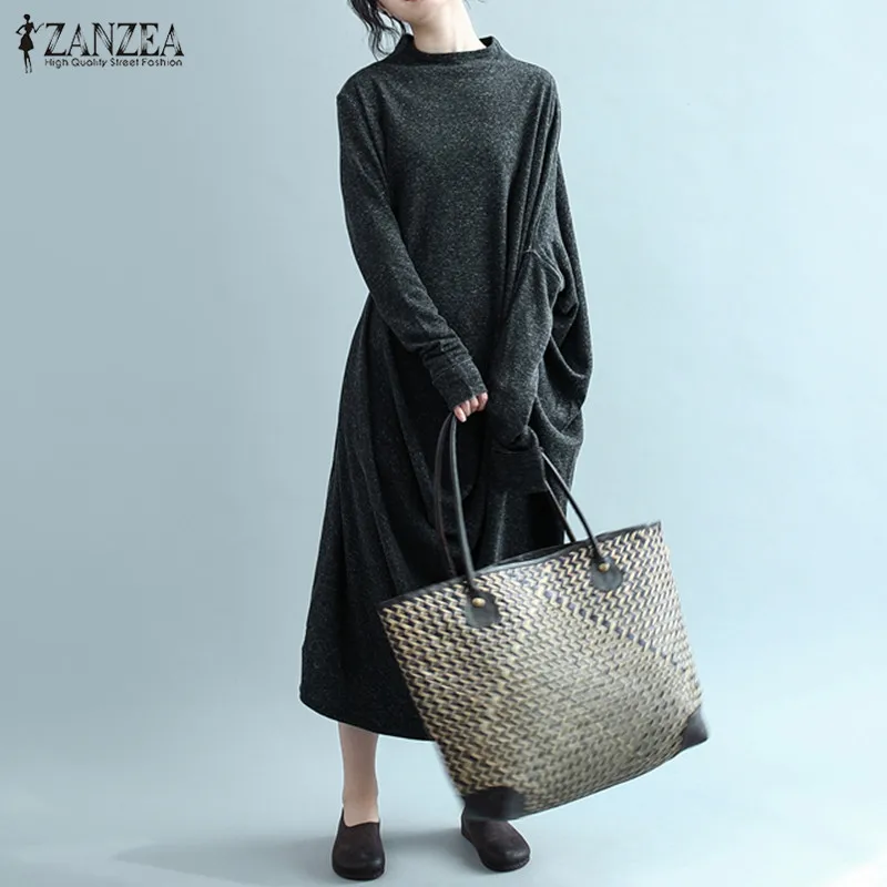 ZANZEA 2019 طويلة Battwing كم ماكسي اللباس المرأة الصلبة يا الرقبة طويلة تونك Vestido رداء فام الإناث عارضة المتضخم فساتين 5XL