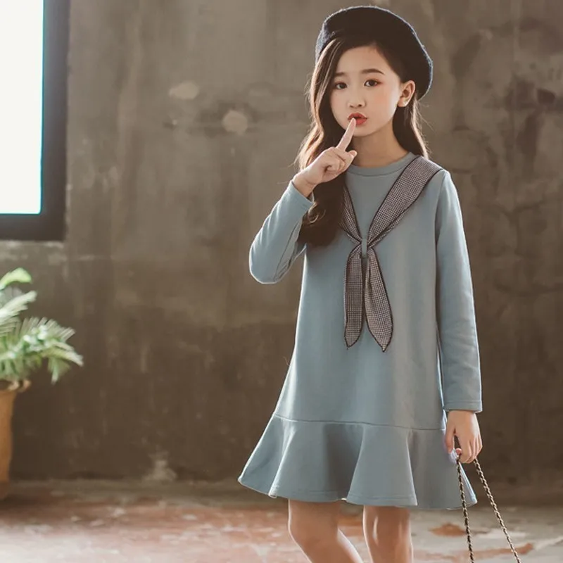 

Big Kids Dress Long Sleeve Ruffles Blue School Spring Baby Dresses For Girls 2019 Cotton Teenage Clothes Autumn Princess