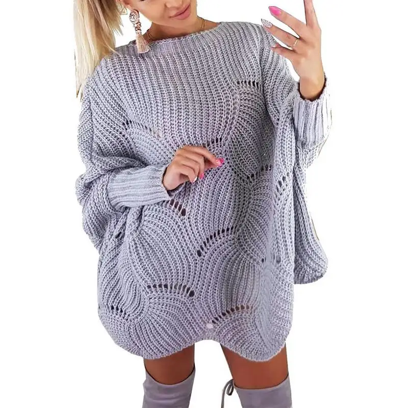 

Loose Round Neck Casual Large Size Knitted Sweater Hook Flowers Hollow Long Sleeve Autumn Winter Sexy Sweater Women Streetwear