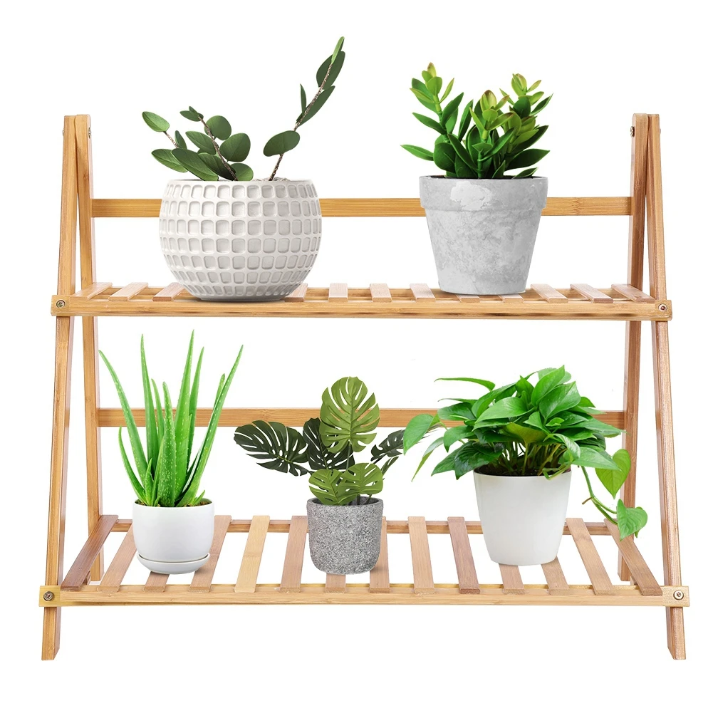 ダブルティア竹収納バルコニー肉質床ラック折りたたみ植木鉢スタンド植物棚 収納ホルダー ラック Aliexpress