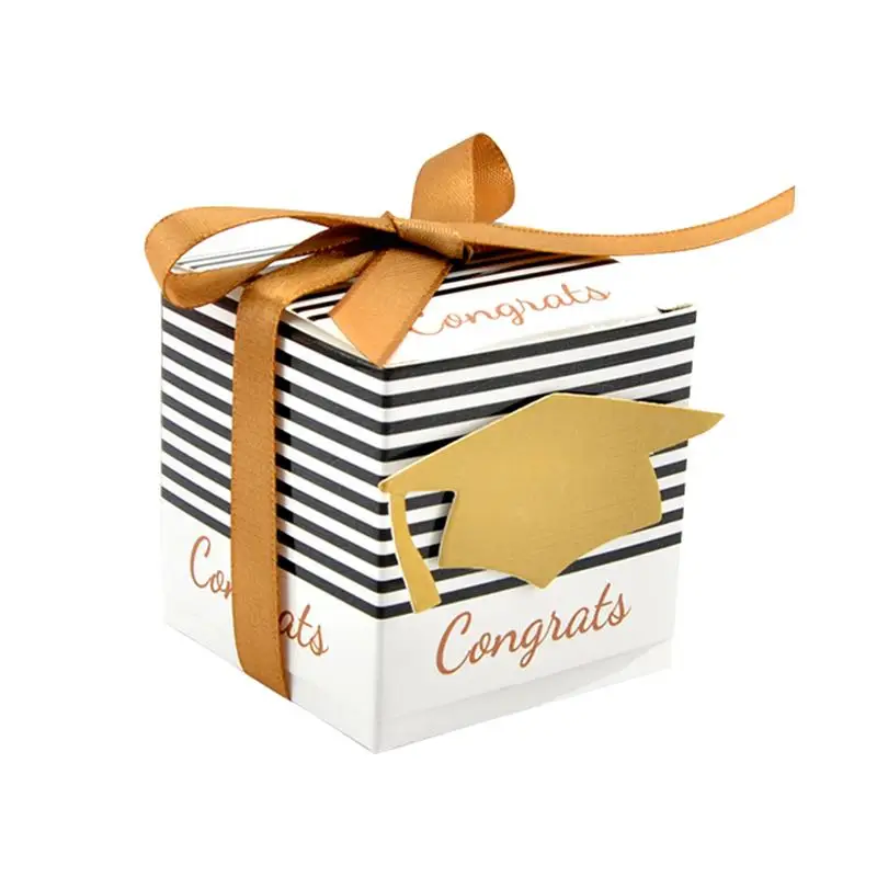 

50PCS Candy Boxes Square Doctoral Cap with Stripe Gift Boxes Candy Container with Ribbon for Birthday Party Graduation Ceremony