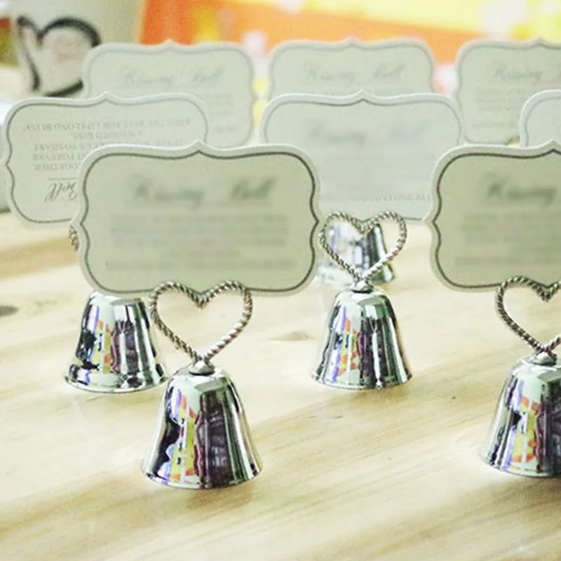 

1Pcs Card Holder Nice Gift Silver Christmas Party Favor Metal Alloy Wedding Table Decoration Photo Holders Kissing Bell