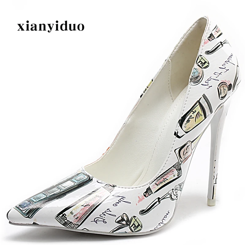 

2019 Spring fashion Patent Leather Women's print shoes ultra high heels thin Pumps Pointed Toe Sexy party plus size 34-45/a439