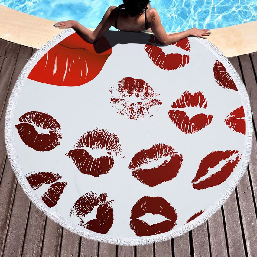 

Beach Towels For Adults Kids Soft Summer Round Microfiber Sweet Lips Bath Shower Towel Yoga Mat Blanket Towel With Tasselstoalha