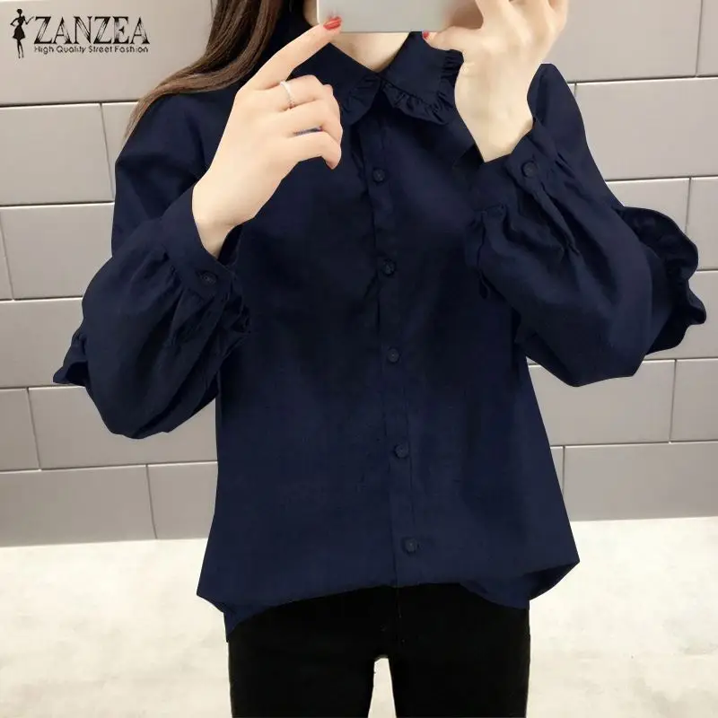 

2019 Autumn ZANZEA Women Casual Shirt Lantern Long Sleeve Blouse Ruffles Loose Tunic Tops Solid Blusa Feminina Chemise Plus Size