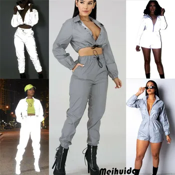 

2019 New Hotsale Women Fashion Reflective Zipper Long Sleeve Top Casual Club Sport Jumpsuit 2pcs women shirts pants