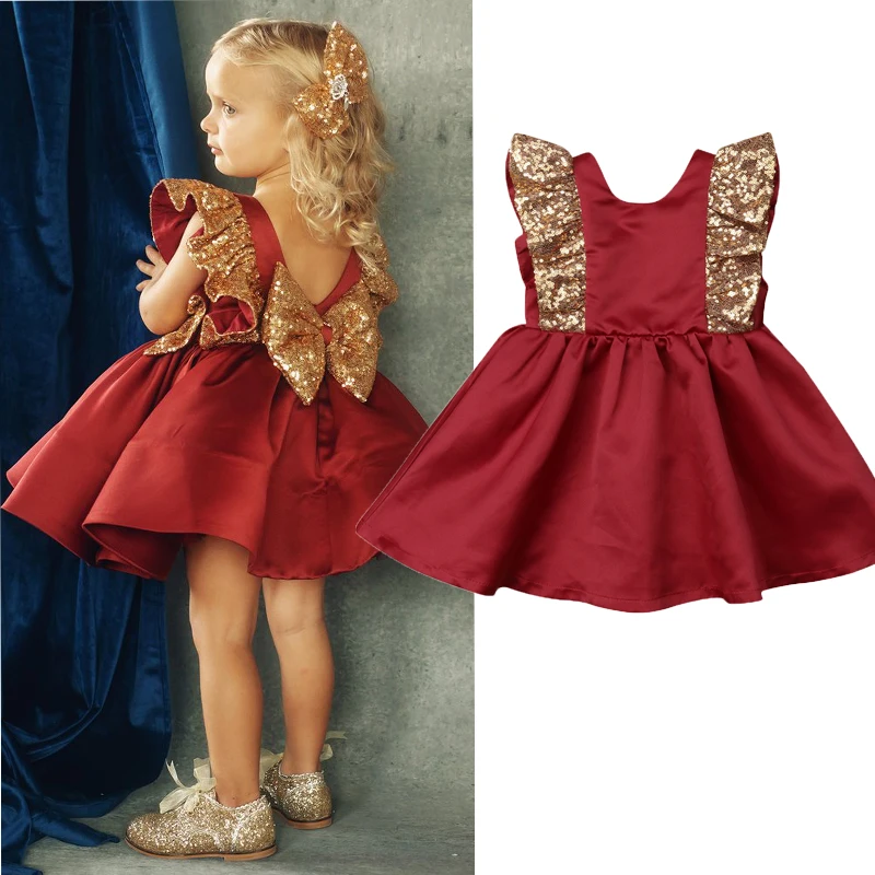 Children/'s Girls/' Bow-knot Embroidered Sequined Sash Red Flower Floral Dress O25
