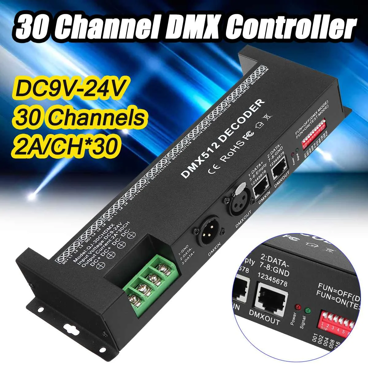 

30 Channels DMX 512 RGB LED Strip PWM Controller Decoder Dimmer Driver DC9-24V 16 Levels For Single Or RGB Lamps 256x83x40mm New