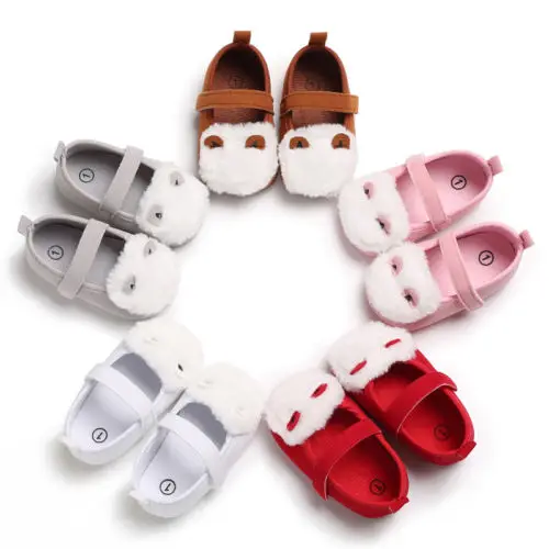 Милые кожаные туфли с меховыми ушками для новорожденных девочек на мягкой подошве, обувь для малышей, Нескользящие кроссовки для детей 0-18
