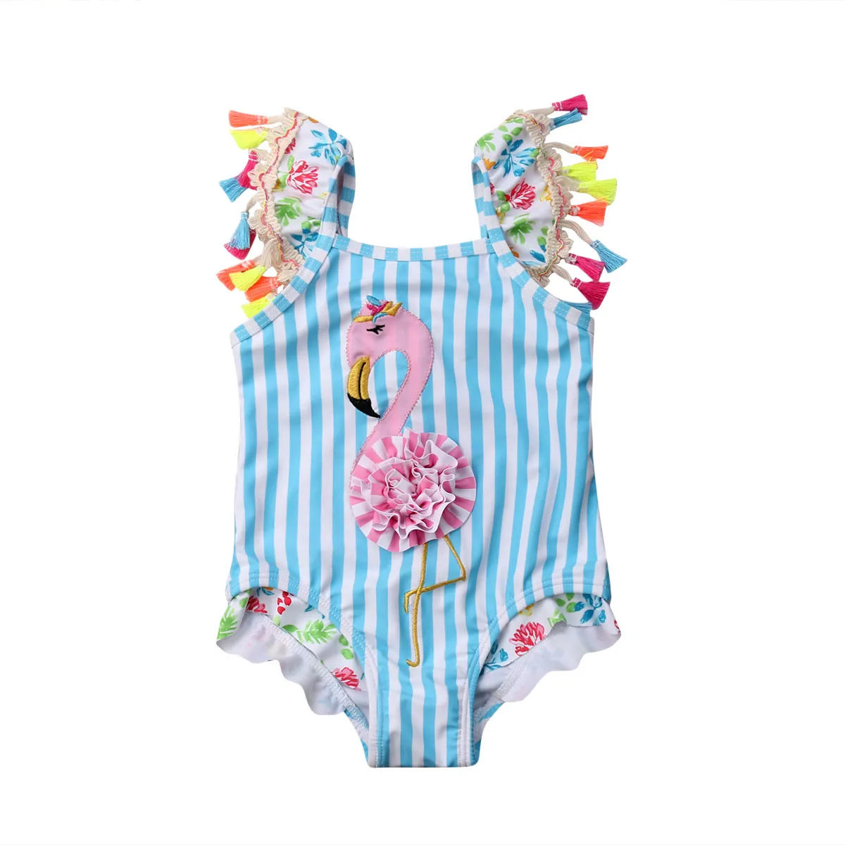 Купальный костюм в полоску с фламинго и кисточками для новорожденных девочек, купальный костюм, пляжная одежда для От 6 месяцев до 5 лет