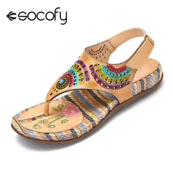 

Socofy Bohemian Vintage Style Clip Toes Sandals Women Summer Shoes Woman Beach Flip Flops Printed Leather Sandals Ladies Shoes