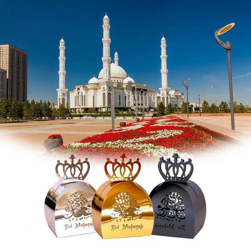 

50PCS Eid Mubarak Golden Candy Chocolate Box Ramadan Kareem Sugar Hollow Storage Case Party Supplies Ramadan Decoration