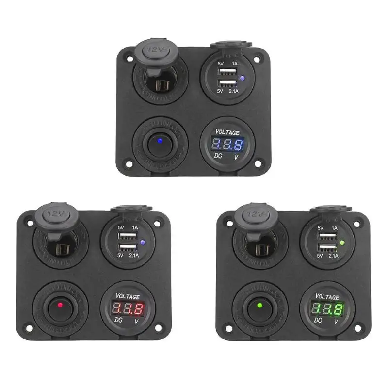 

4 Hole Switch Panel USB Charger Power Adapter w/Voltage Meter for Car Boat