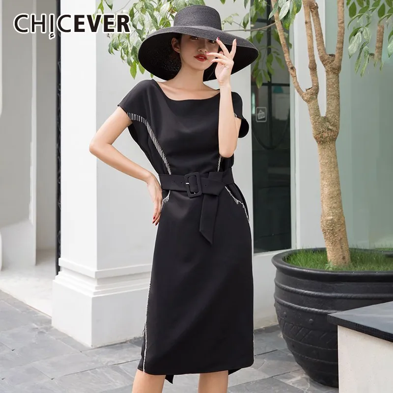 

CHICEVER Summer Casual Patchwork Tassel Black Women Dress Square Collar Short Sleeve Sashes High Waist Slim A-line Dresses 2019
