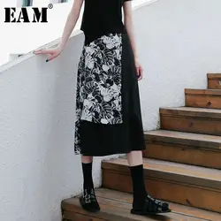 [EAM] 2019 новая весна лето высокие Эластичный Талия черный узор Печатный Сплит Совместное полубоди юбка женская мода прилив JS823