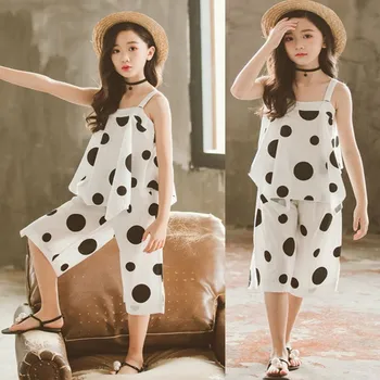 

White Kids Clothing Set For Teens Summer Girl Sets Outfits Polka Dot Off Shoulder Blosues Tops And Knee Length Pants 2 Pcs Suits