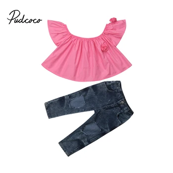

pudcoco 2019 Children Clothing Suits For Girls Clothes Kids Toddler Enfant Fille Infantis Outfits 2-7Year Flower Tops+Denim Pant