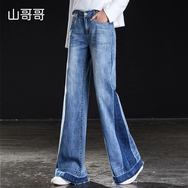 Kopen 2019 Nieuwe Elasticiteit Hoge Taille Vrouwen Full Length Flare Jeans Hoge Kwaliteit Patchwork gebleekte Losse Wijde Pijpen Broek Lente Zomer