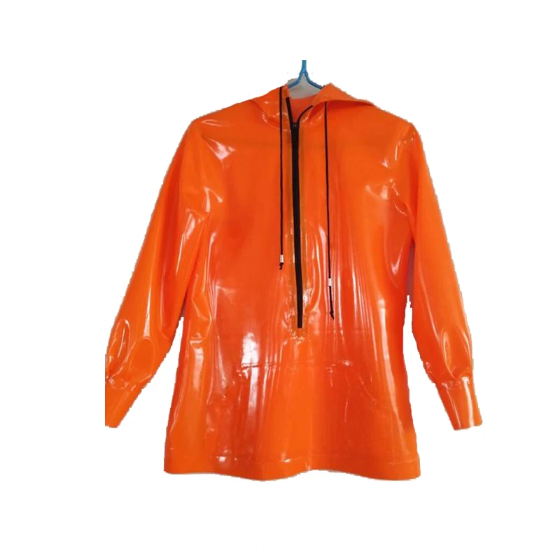 Новинка 2019 латексная резиновая оранжевый Модные свободные куртка с капюшоном черная молния Размеры XXS-XXL