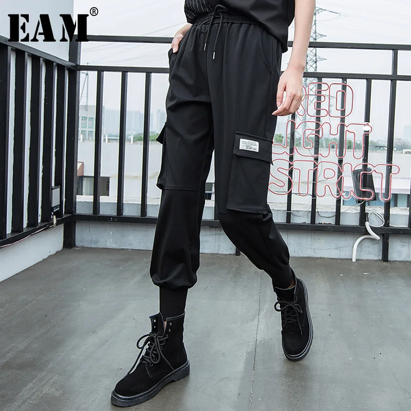 

[EAM] 2019 New Autumn Winter High Elastic Waist Drawstring Pocket Split Joint Loose Cargo Pants Women Trousers Fashion JS432